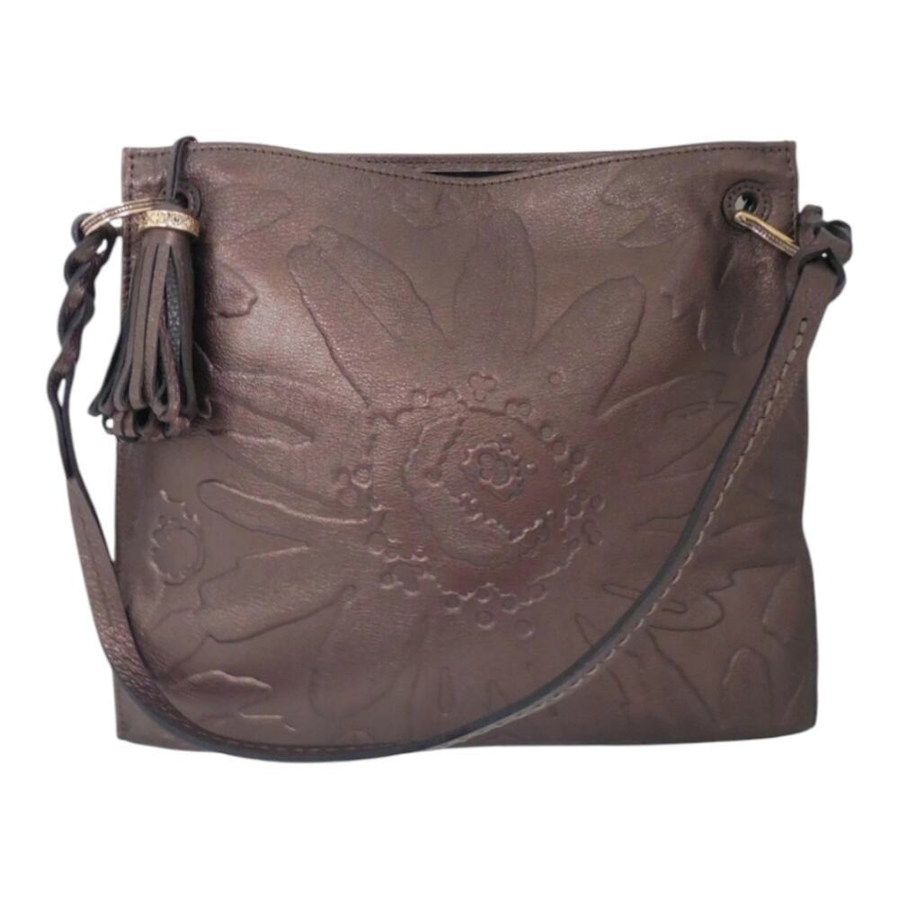 Brighton Bronze Metallic Leather Embossed Flower Tassel Shoulder Bag‎ New!
